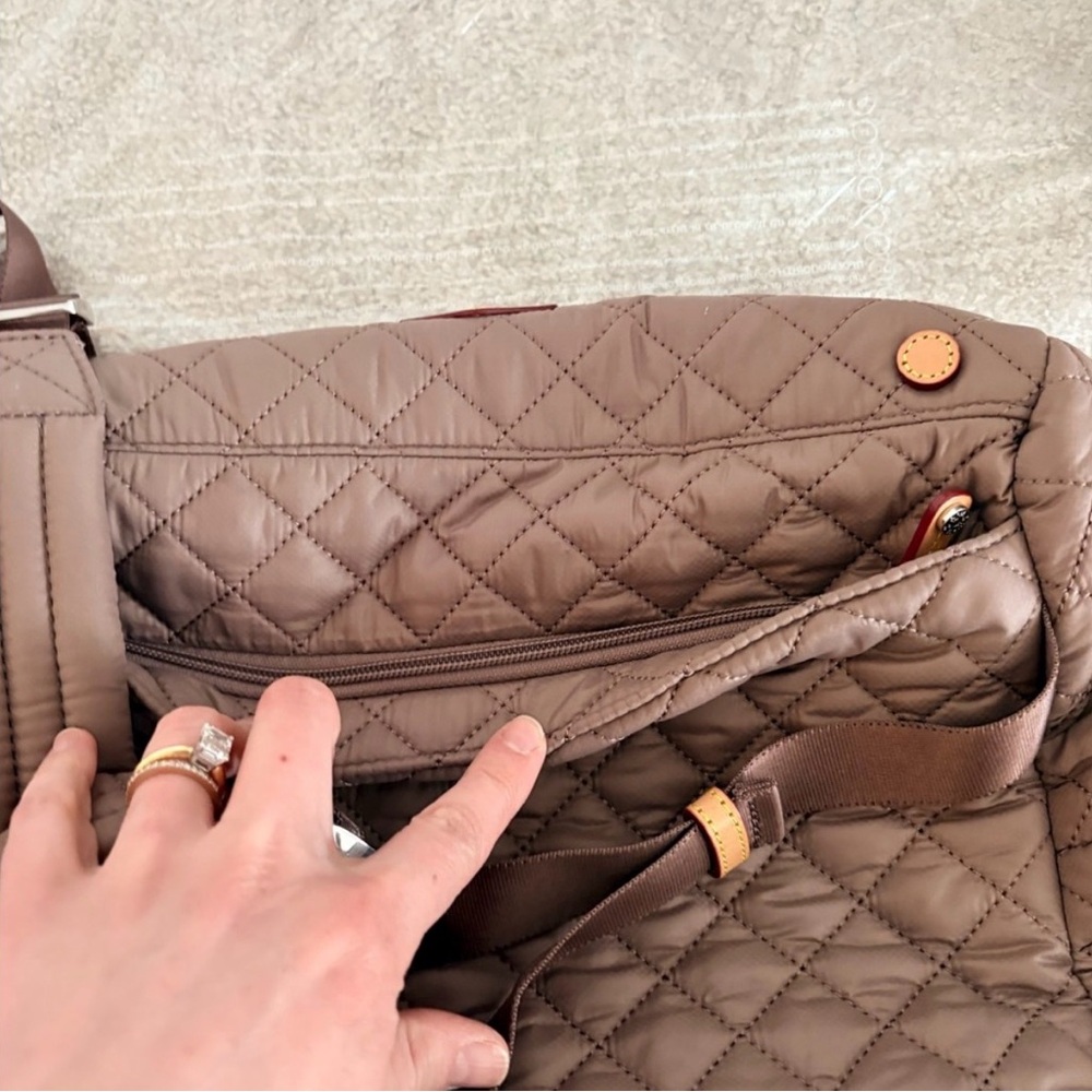 MZ Wallace Quilted Taupe Backpack with Brown Strap and Colorful Pouch - Picture 10 of 14